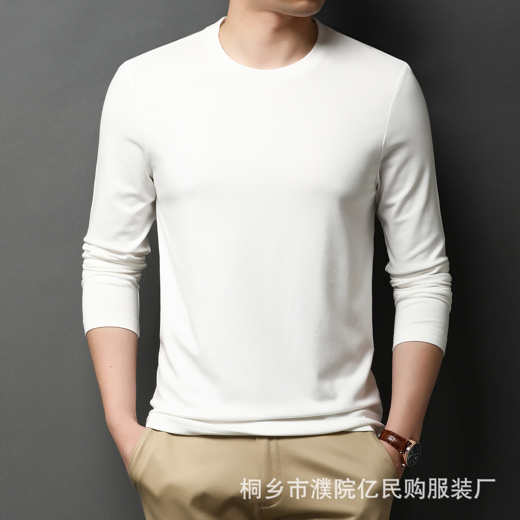2022春季男士长袖t恤潮流衣服纯色棉圆领白t桖秋衣宽松打底衫批发