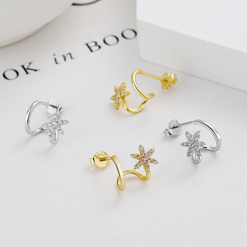 小清新c形双层花卉925纯银个性耳钉女式韩版原宿风精致气质耳环