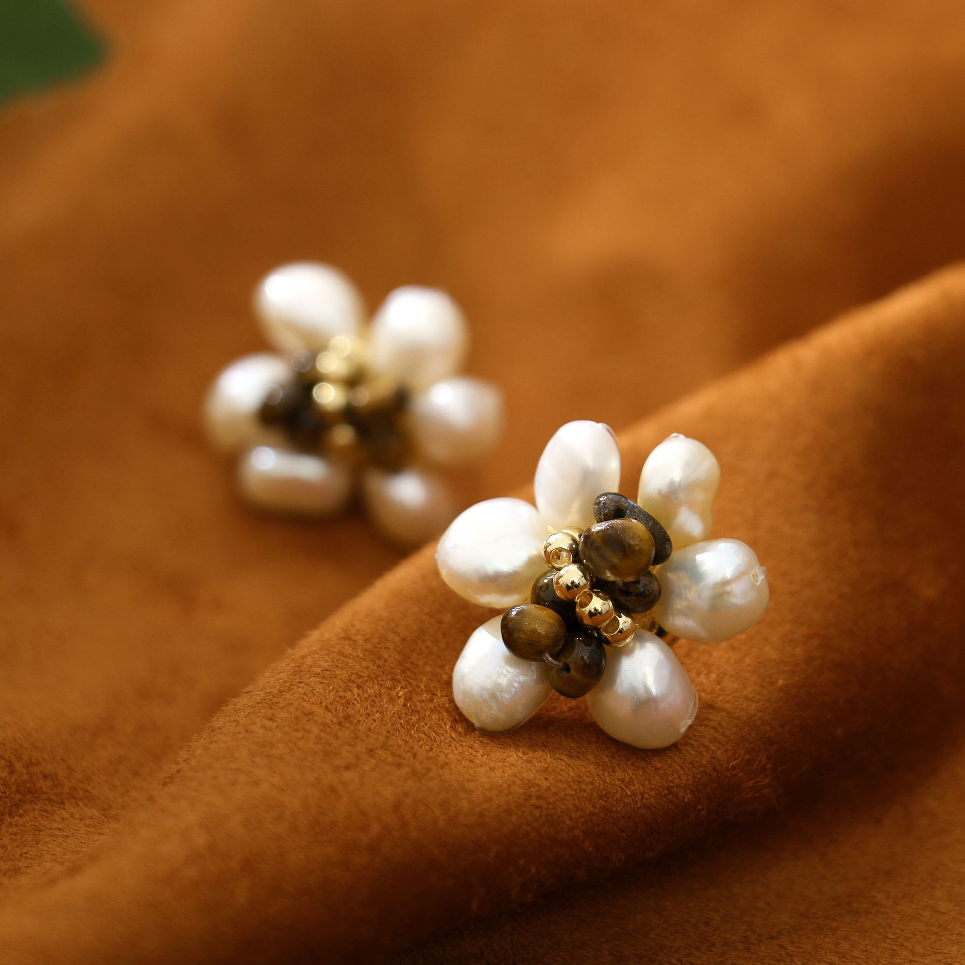 Hand-Woven Tigereye Stud Earrings Fresh Water Pearl Earrings Retro High Sense Temperament Entry Lux Autumn and Winter Special-Interest Earrings
