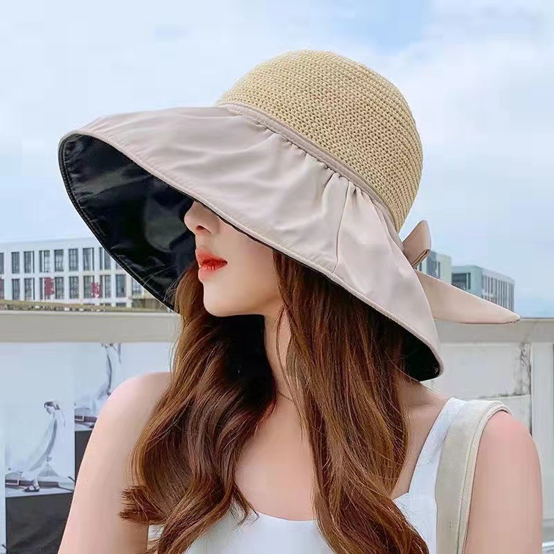 Internet Celebrity Beach Hat Summer Sun Hat Women's Hollow-out Straw Hat Breathable Big Brim Face-Covering Sun-Proof Bucket Hat Sun Hat