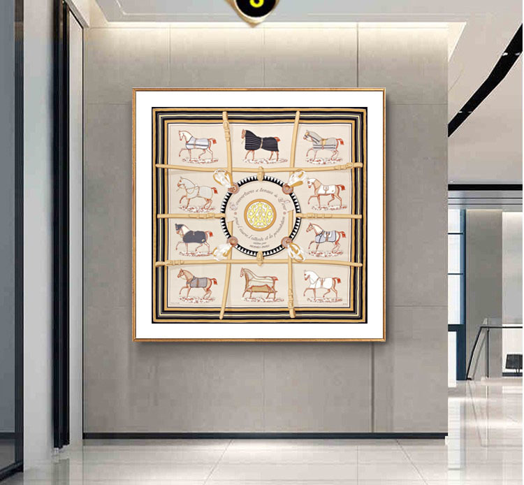 轻奢客厅装饰画爱马仕新款丝巾挂画正方形客厅画玄关卧室壁画