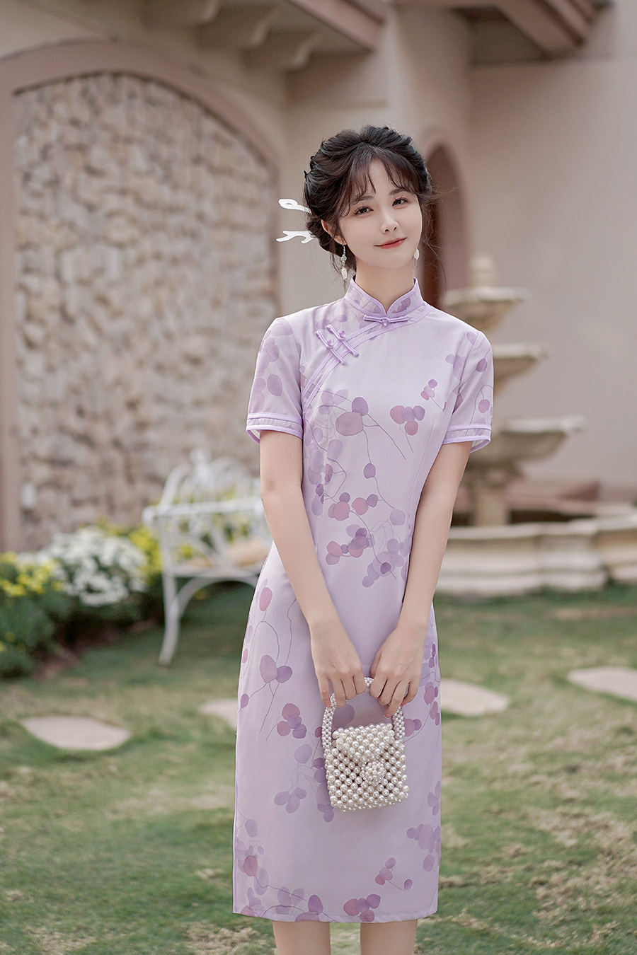 琳湘漫温婉优雅淑女范紫色绣花旗袍2024年春夏新款改良短袖年轻款