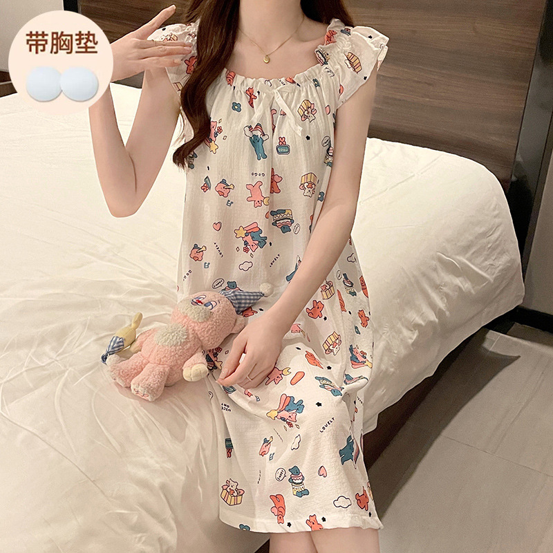 泡泡袖短袖抹胸睡裙夏季女新款云朵棉睡衣柔软舒适带胸垫居家服