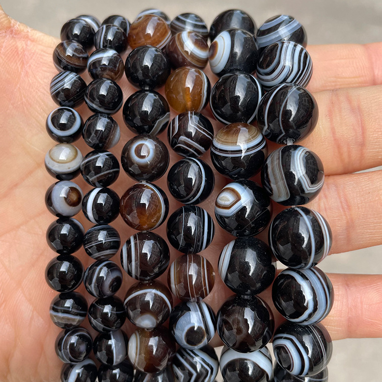 天然缠丝天眼玛瑙散珠 黑白缠丝玛瑙diy佛珠念珠手链配饰