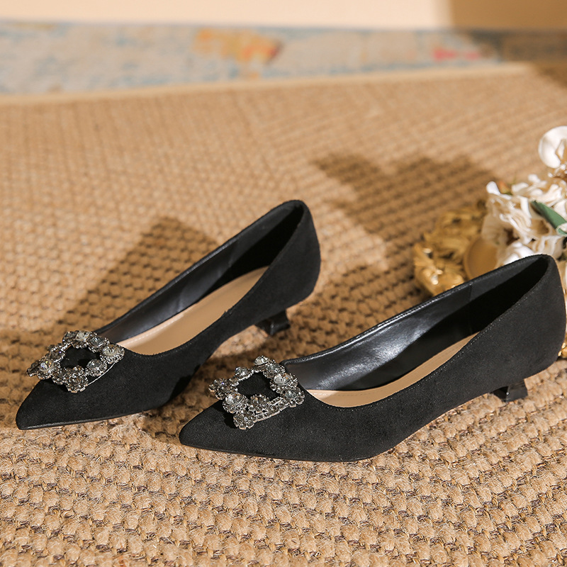 2024年新款黑色高跟鞋女细跟尖头方扣水钻时尚气质矮跟孕妇鞋单鞋