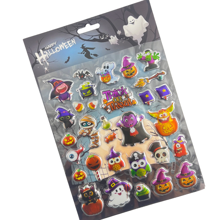 Hot Selling Halloween Bubble Sticker Cross-Border Holiday Stickers Independent Packaging Pumpkin Witch Bat Spider Stickers