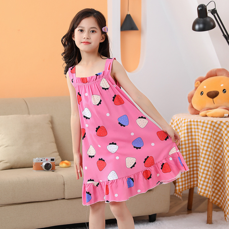 女童睡裙棉绸夏季儿童薄款公主家居服睡衣空调服女孩吊带睡裙批发