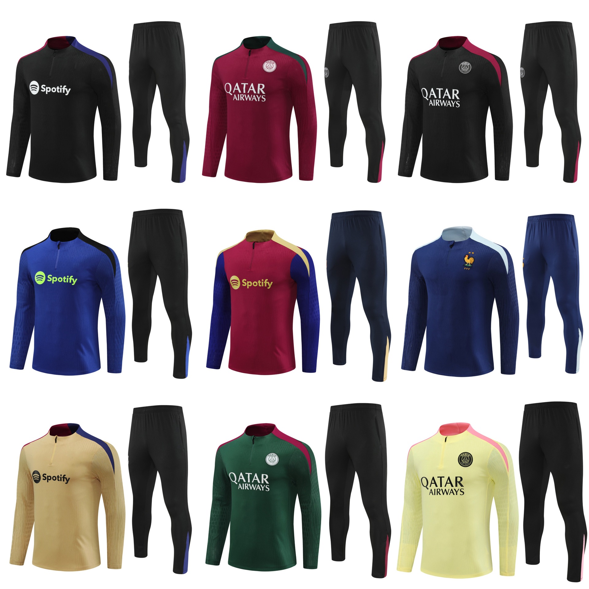 2425长袖半拉链足球训练服套装巴西巴萨巴黎葡萄牙切尔西球员版