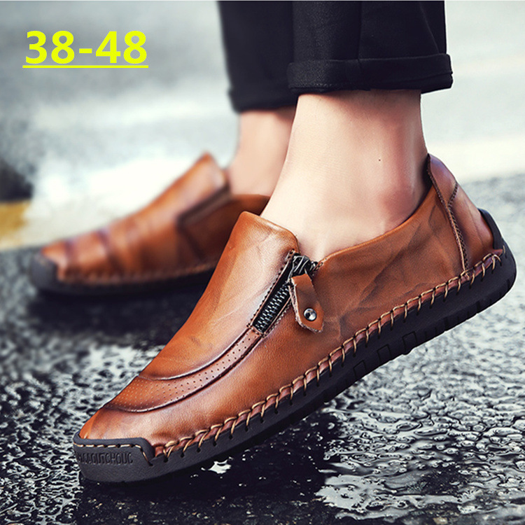 2022 Cross-Border Large Size Best-Selling Leisure Loafers Handmade Genuine Leather Shoes Side Zipper Men's Business Leather Shoes Loafers