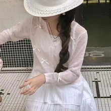 夏季新款蝴蝶拼接v领短款小个子针织小开衫女长袖薄款简约上衣