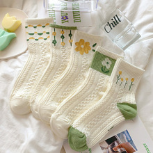 新款绿色小花朵白色中筒袜子纯色棉袜女秋冬日系清新高筒长筒袜