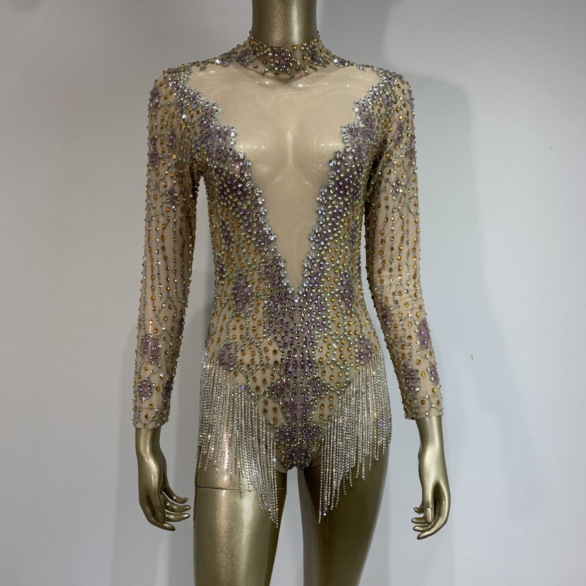 跨境爆款性感网纱透视连体裤俱乐部晚礼服欧美女歌手夜店演出服