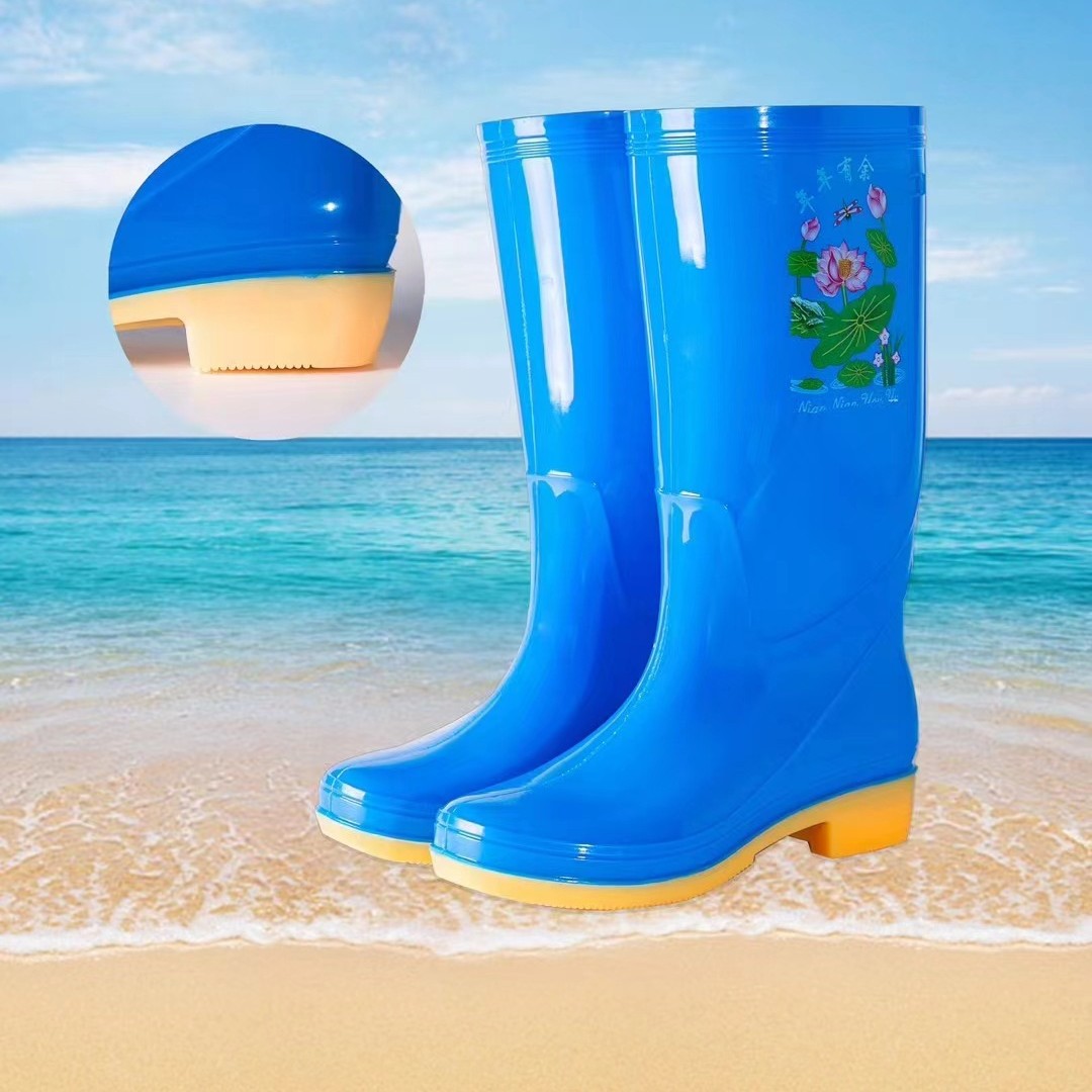 时达厂女士雨鞋 防滑耐磨高筒工作劳保时尚荷花双色底女防水雨鞋
