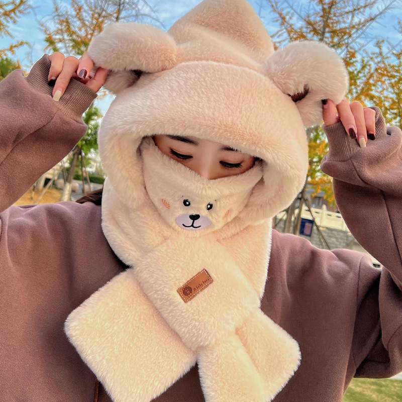 Bear Hat Scarf Integrated Female Autumn and Winter All-Matching 2023 Cycling Cute Warm Hooded Plush Scarf Hat