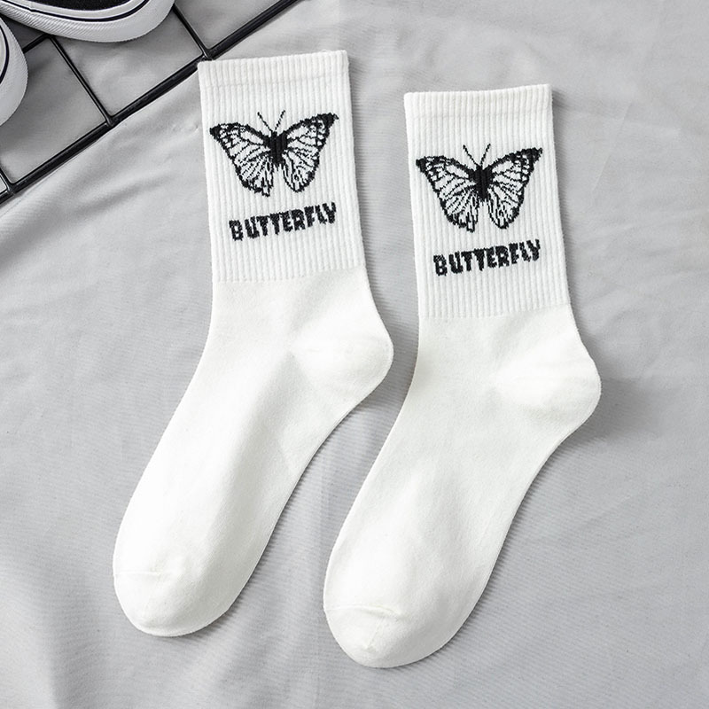 Butterfly Socks Women's Tube Socks Korean-Style High-Top Internet Celebrity All-Match Black and White JK Japanese Style Stockings Ins Trendy Socks