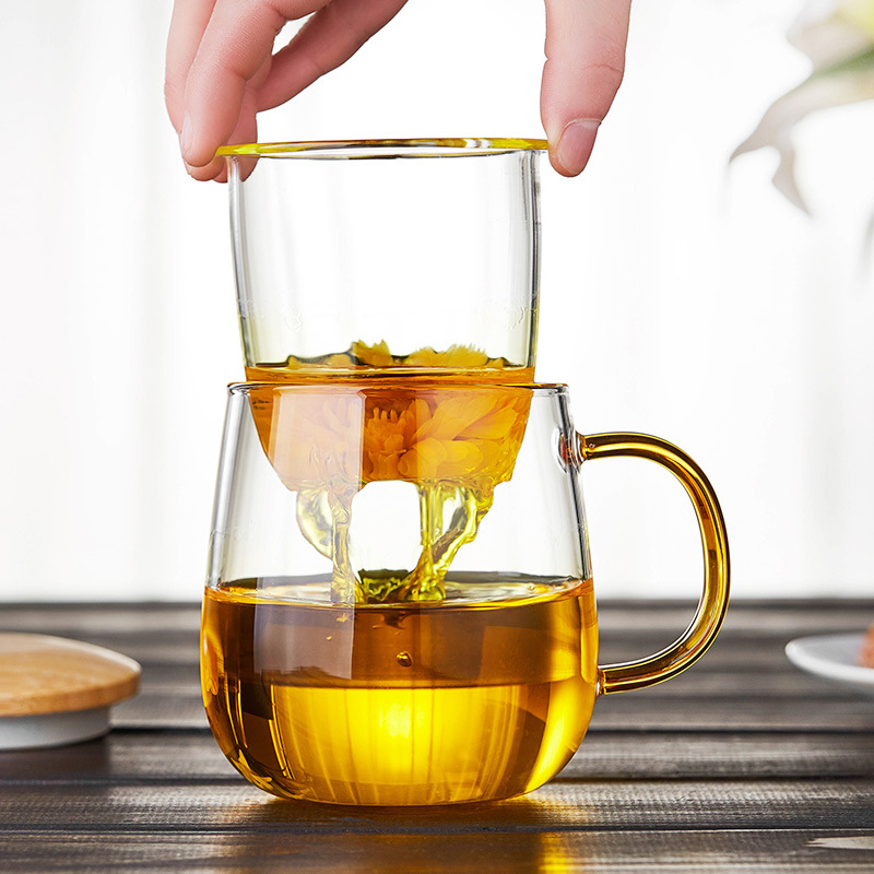 女士花喝水办公耐热茶杯过滤玻璃杯把茶杯家用泡子带透明分离茶水
