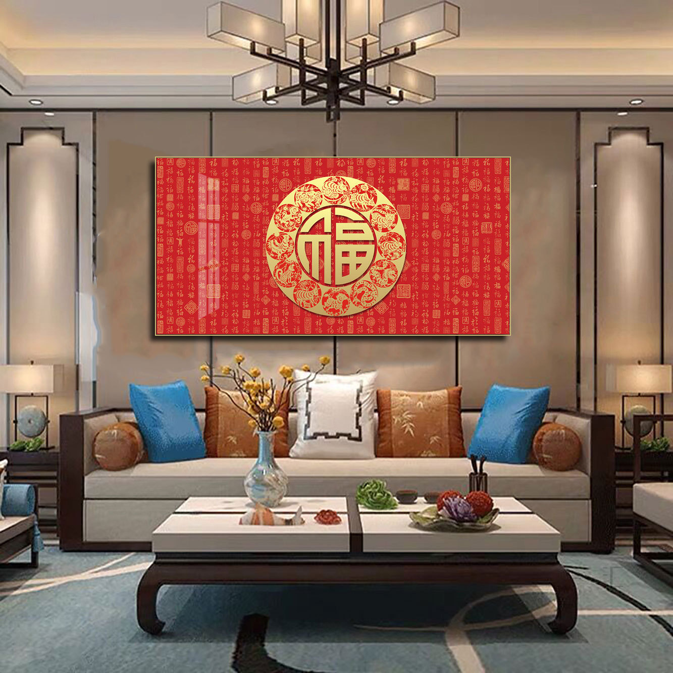 百福图挂画新中式客厅沙发背景墙喜庆红色福字挂画餐厅茶室壁画