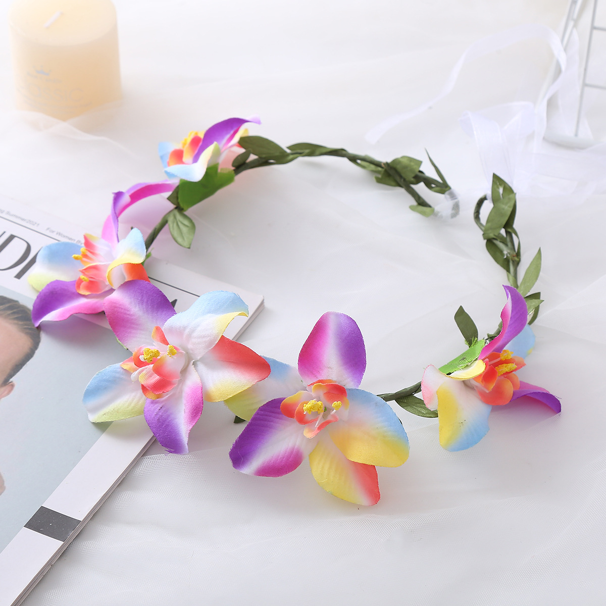 跨境新品外贸5朵百合花环头带旅游街拍女生地摊头饰儿童发带批发