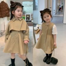 女童韩版秋装新款气质斗篷式风衣+卡其背心裙2件套中小童一件代发