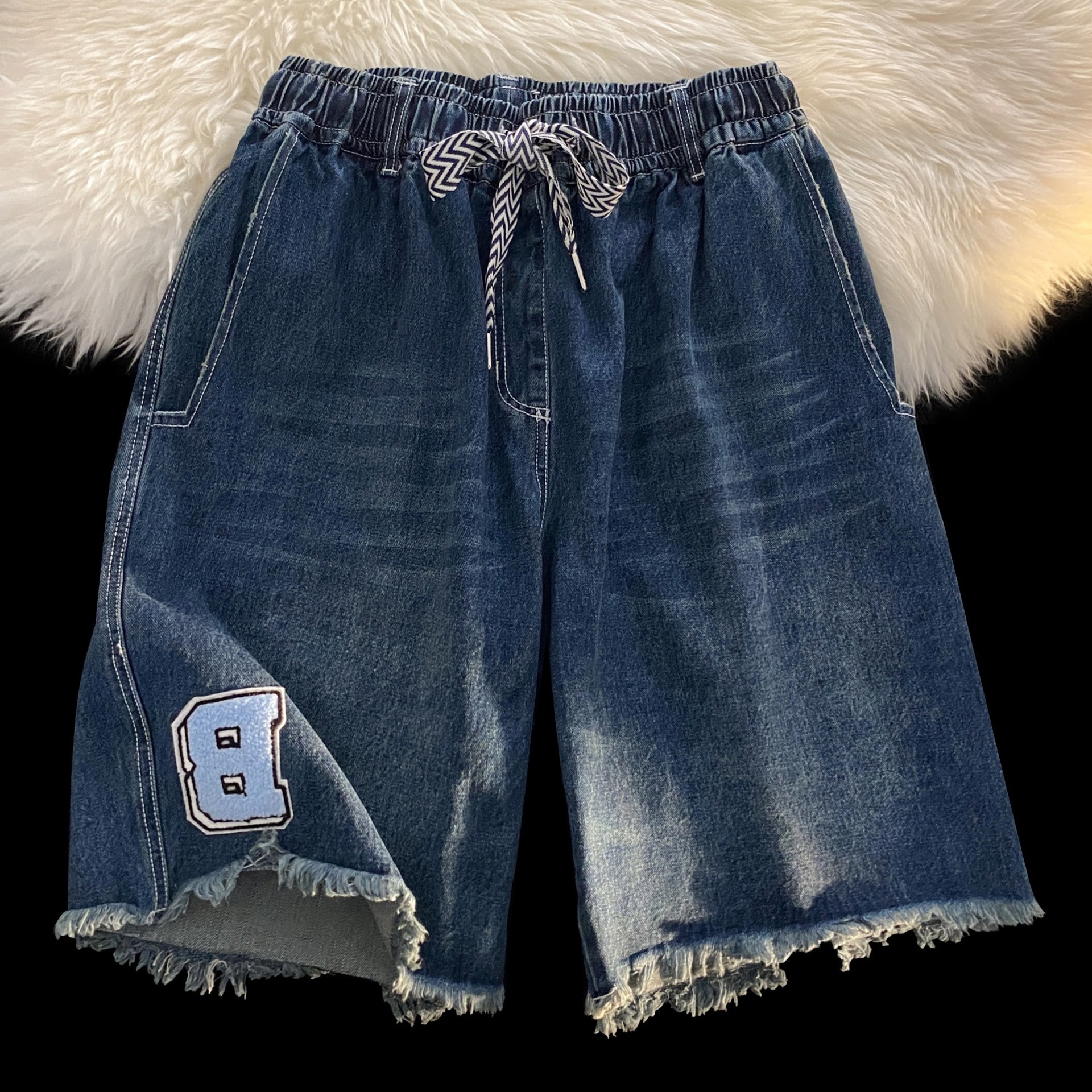 美式潮牌牛仔短裤女装2022夏季ins设计感抽绳直筒阔腿五分中裤子