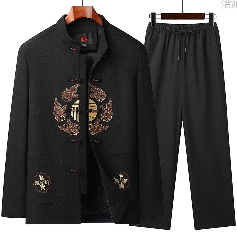 春秋季中老年人唐装衣服男长袖套装男式汉服中国风爸爸装过寿外套