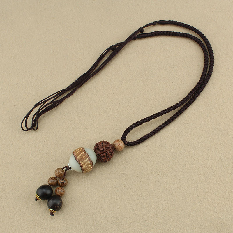 Retro Ethnic Style Bodhi Pendant Necklace Wooden Prayer Beads Sweater Chain Men and Women Simple All-Match Cotton and Linen Pendant Accessories