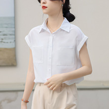 实拍白色女夏季短袖设计感小众轻熟薄款宽松复古港味飞飞袖衬衣