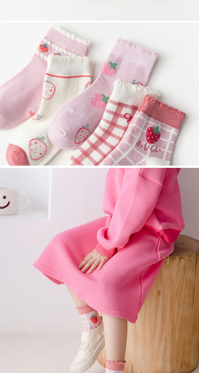 21秋冬新款女童袜子批发儿童草莓花边中筒袜公主女孩粉色可爱棉袜