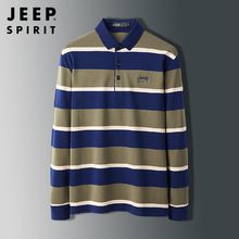 JEEP SPIRIT 一件代发春季新款男士休闲翻领条纹Polo衫棉长袖T恤