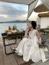 韩系套装女立体蝴蝶结无袖背心上衣夏季白色半身裙a字长裙两件套