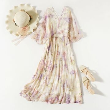 芭碧尔女装真丝连衣裙ol气质碎花桑蚕丝沙滩长裙81064-阿里巴巴