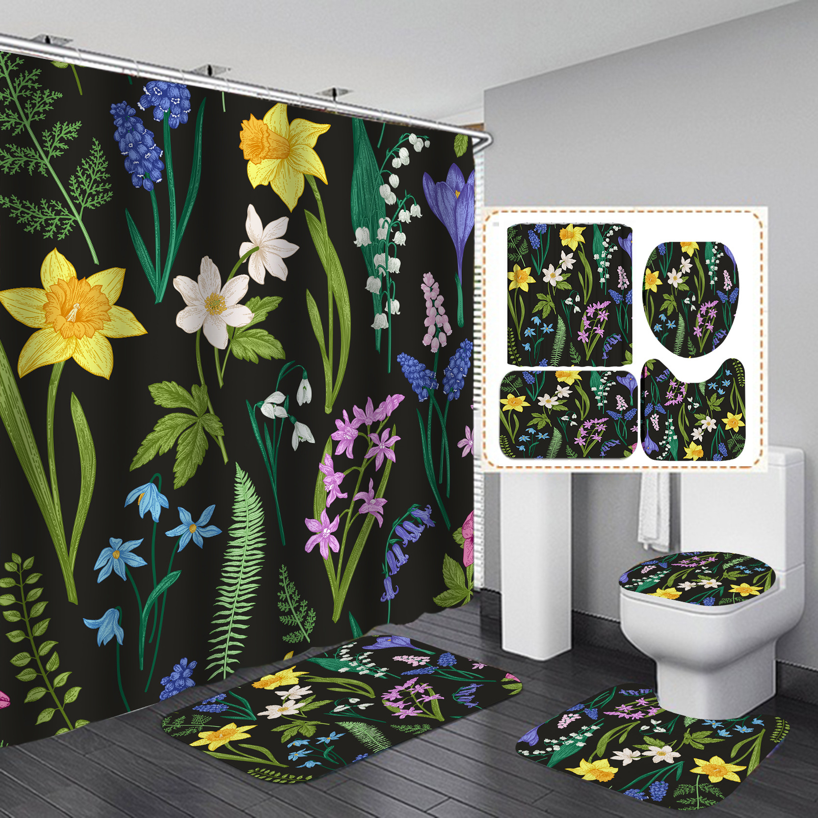 Amazon Direct Shower Curtain Set HD Digital Printing Waterproof Punch-Free Partition Curtain Hotel Rain Curtain