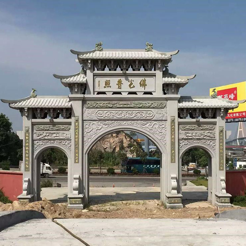 石雕牌楼牌坊村口单门仿古门楼花岗岩大型三门牌坊寺院山门古建筑