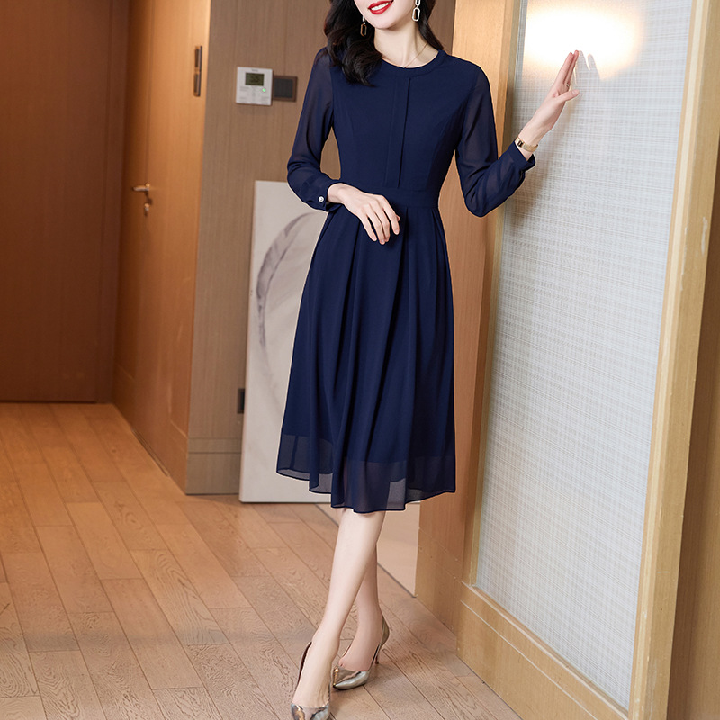 2022新款春季优雅时尚气质修身显瘦大摆雪纺长袖连衣裙纯色中长裙