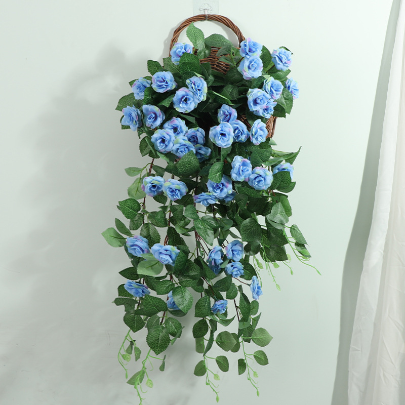 Artificial Rose Wall Hanging Fake Flower Rattan Decoration Indoor Living Room Wall Hanging Plastic Vine Rose Wall-Mounted Basket