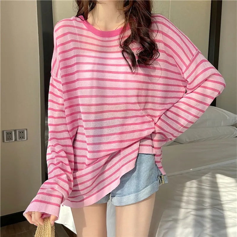 Early Autumn Striped Loose-Fitting Thin Long Sleeve Women's Sun Protection Ice Silk All-Match Top Women's Casual Lazy White Fruit T-shirt Women