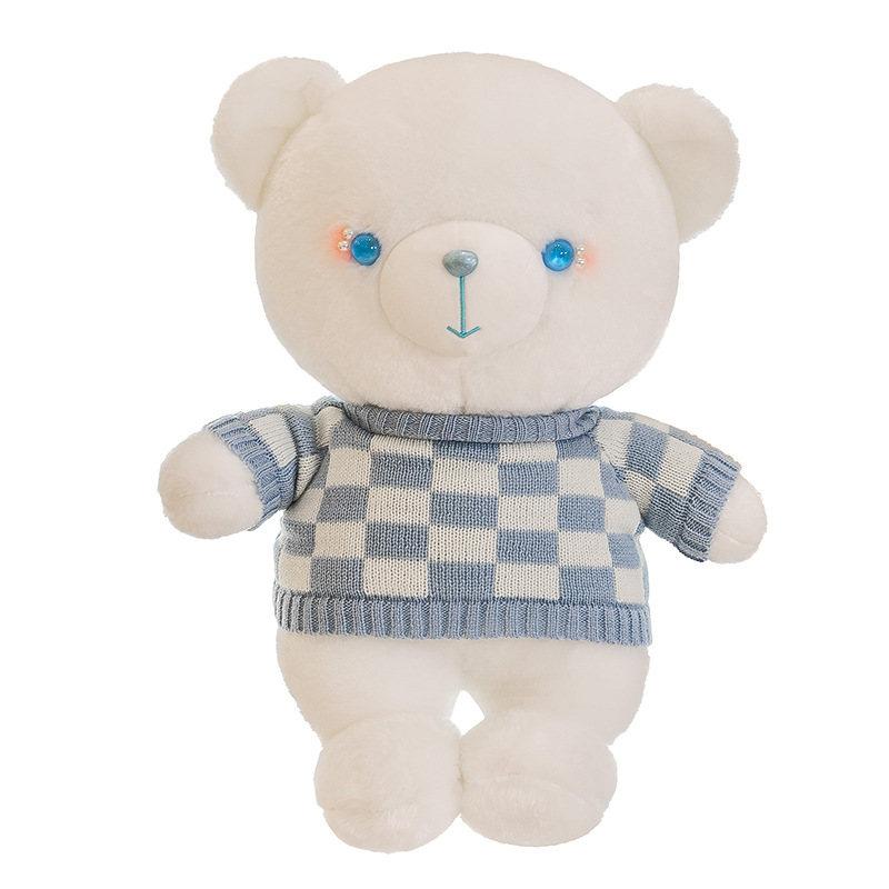 Cross-Border New Arrival Blue and White Plaid Little Bear Doll Dressing Teddy Bear Plush Toy Pillow Birthday Gift Promotion Wholesale