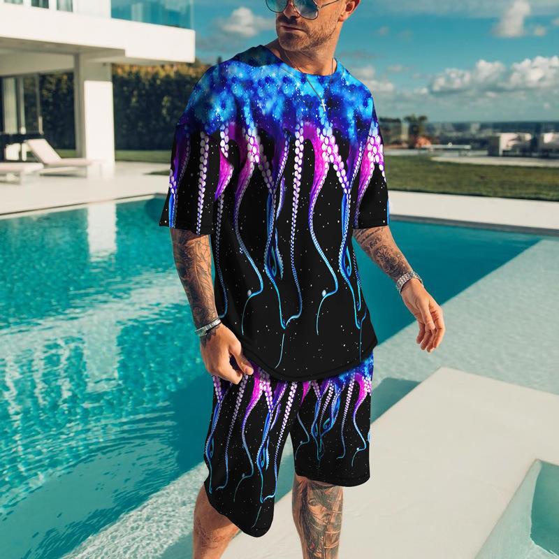 New Men's Korean Set 3D Printing Stylish Digital Printed T-shirt Casual Two-Piece Suit Factory Direct Sales