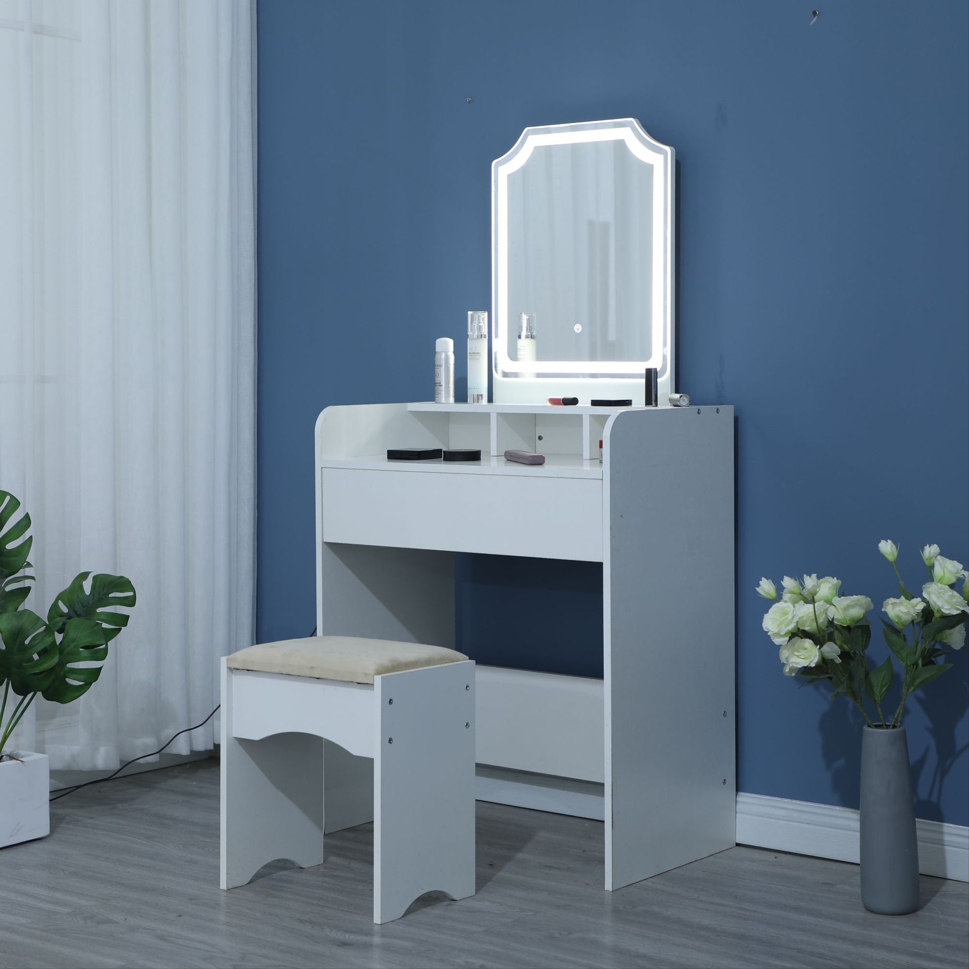 现代简约梳妆台三色感应灯轻奢梳妆台大储物空间梳妆台