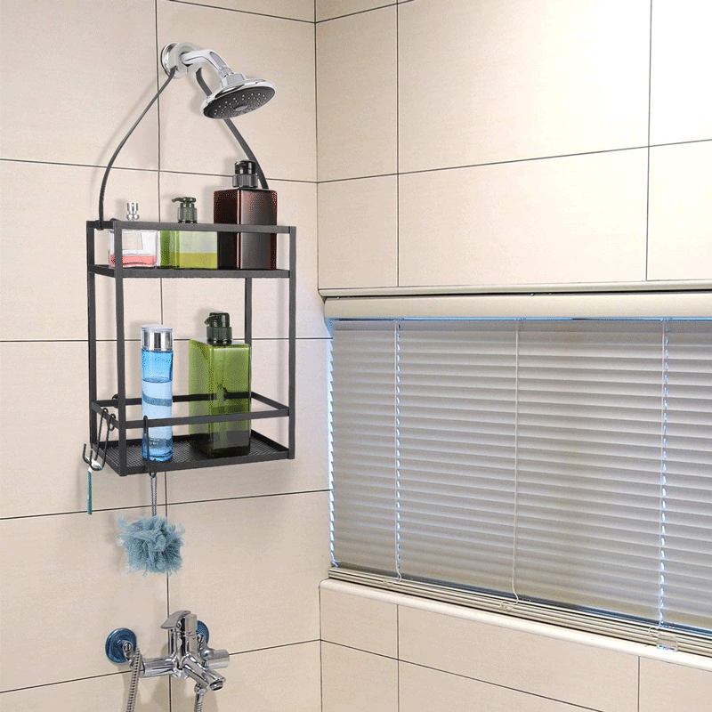 免打孔浴室淋浴头花洒置物架粉末涂层铁艺壁挂双层洗浴用品收纳架