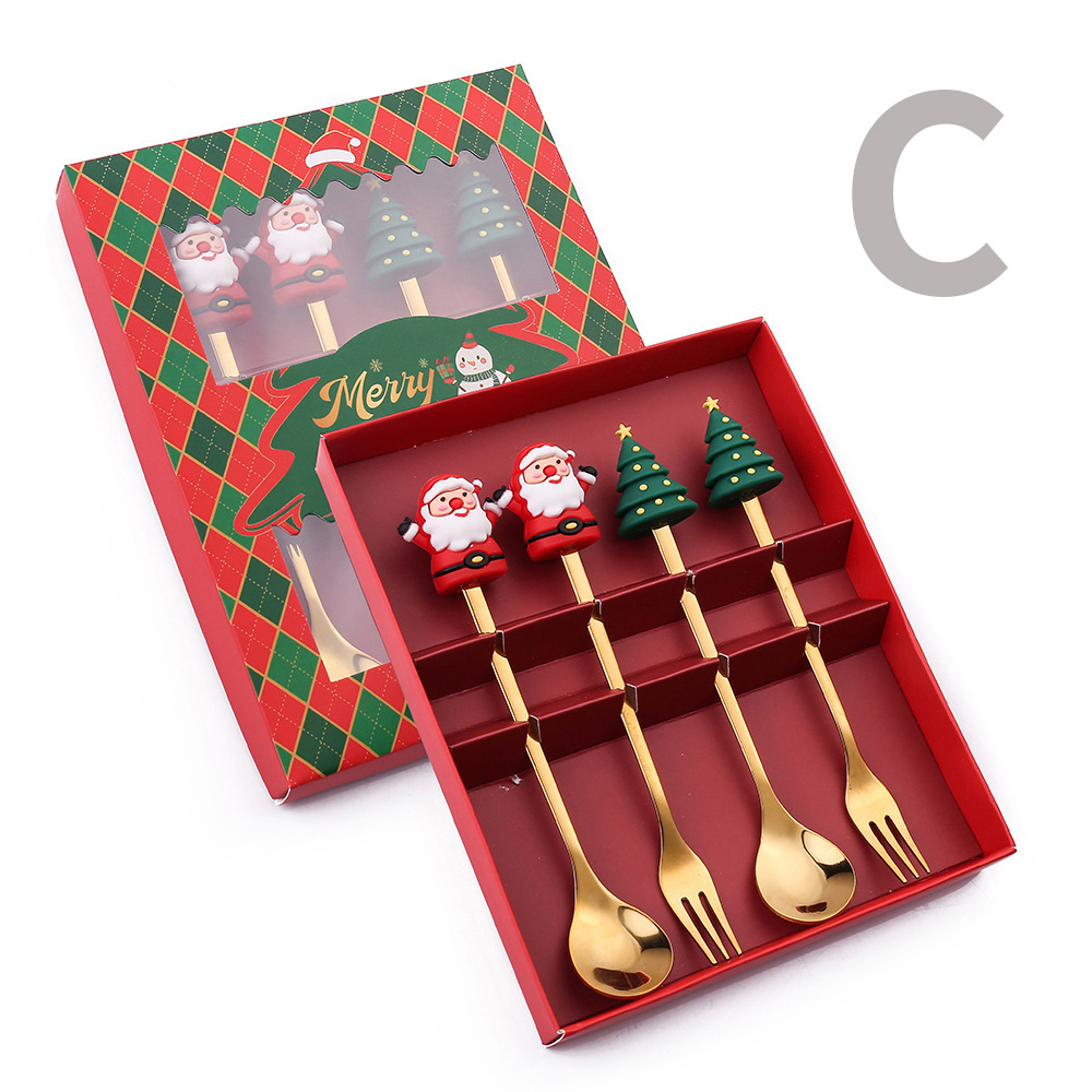 Q Christmas Spoon Tableware Set Snowman Elk Coffee Spoon Santa Claus Fruit Fork Doll Spoon Fork Gift