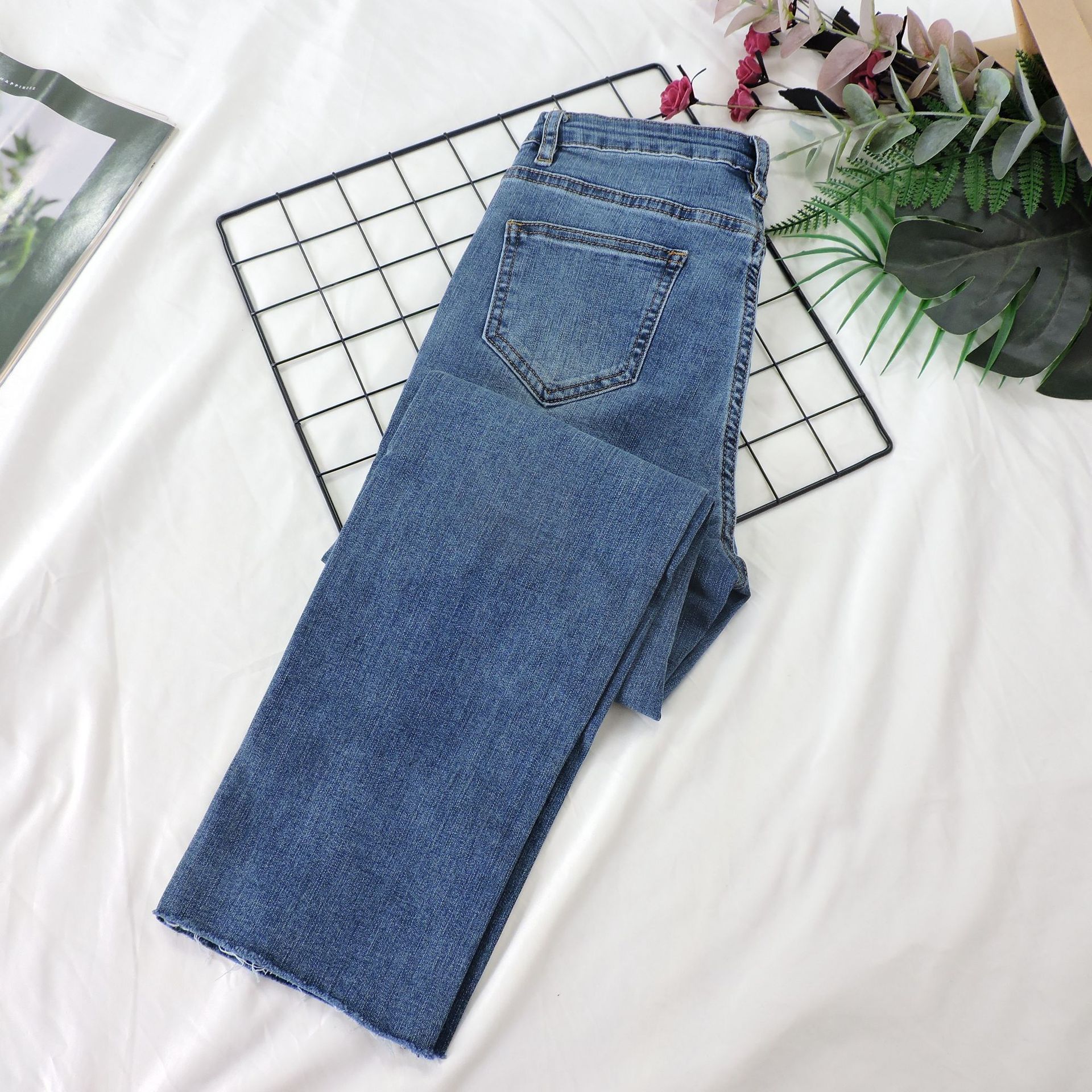 6082复古蓝破洞八分九分牛仔直筒裤女夏季新款