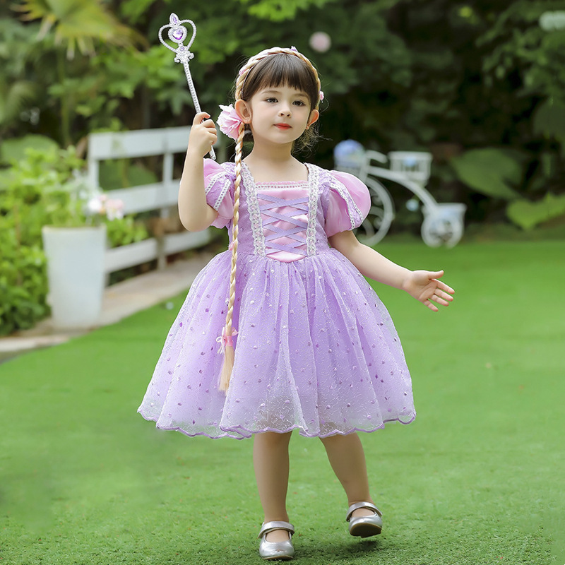 新款童装纯制棉可爱索菲亚长发公主童裙女童连紫色衣裙儿童演出服