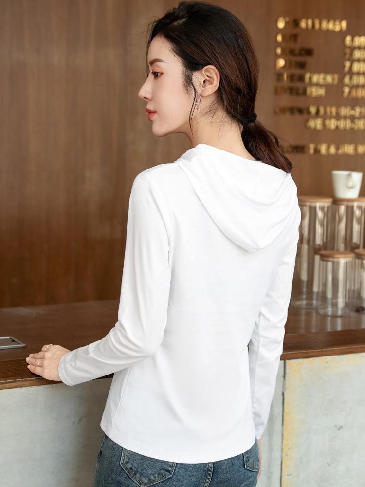 Mercerized Cotton Hooded Sweater T-shirt for Women 2023 Autumn New Pure Cotton All-Match Light Luxury Thin Fashion Bottoming Shirt