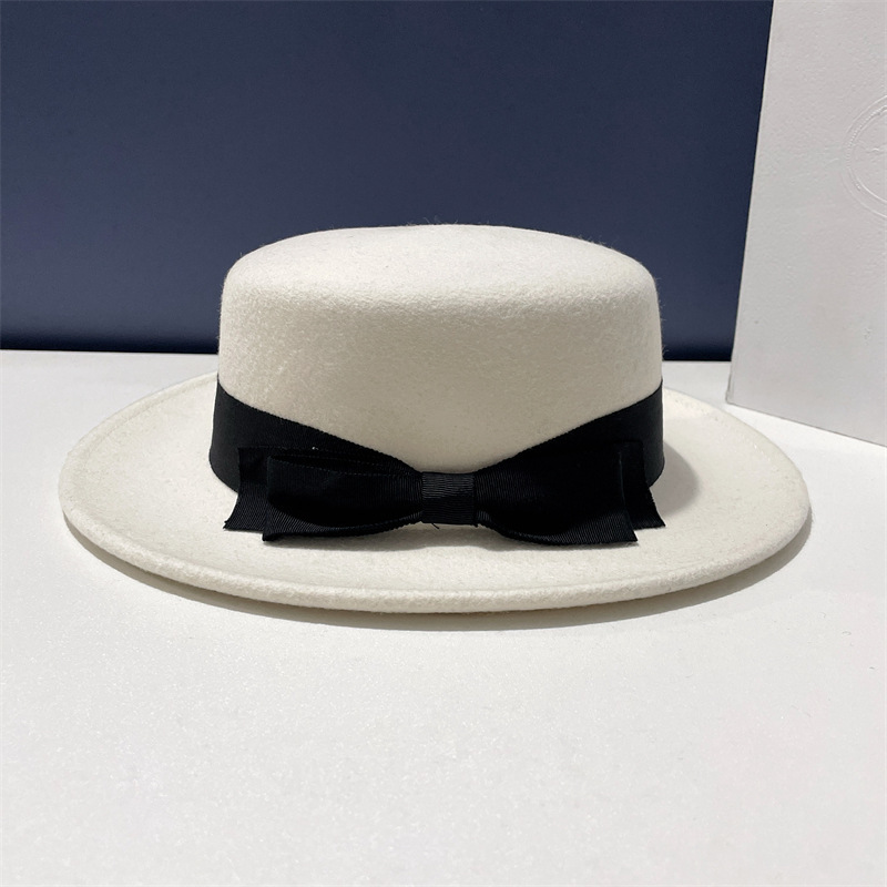 韶恒韩版英伦复古蝴蝶结羊毛平顶礼帽女秋冬毛呢大沿帽子百搭大檐