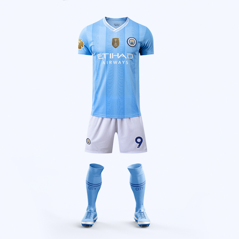 曼城球衣德布劳内哈兰德足球服套装男儿童主客场长袖训练队服