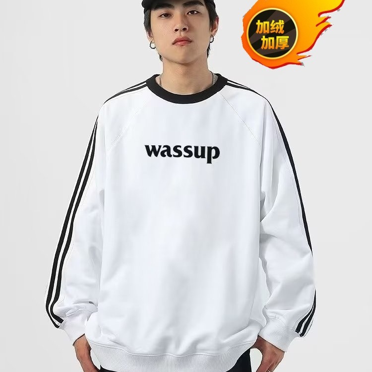 wassup heods国潮牌三条杠圆领卫衣男装秋冬重磅纯棉宽松条纹上衣