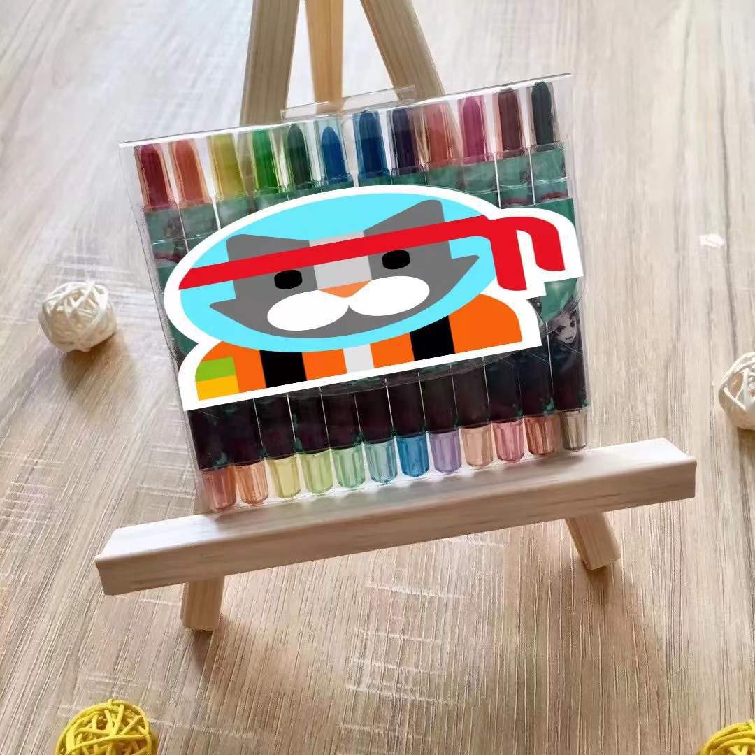 厂家现货批发彩色笔yb1011袋装短儿童卡通12色旋转蜡笔粘袋装包装