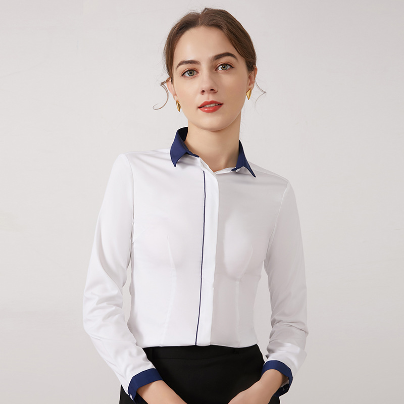 春装新款蓝领衬衫女职业长袖收腰女士衬衫正装工作女士工装衬衣