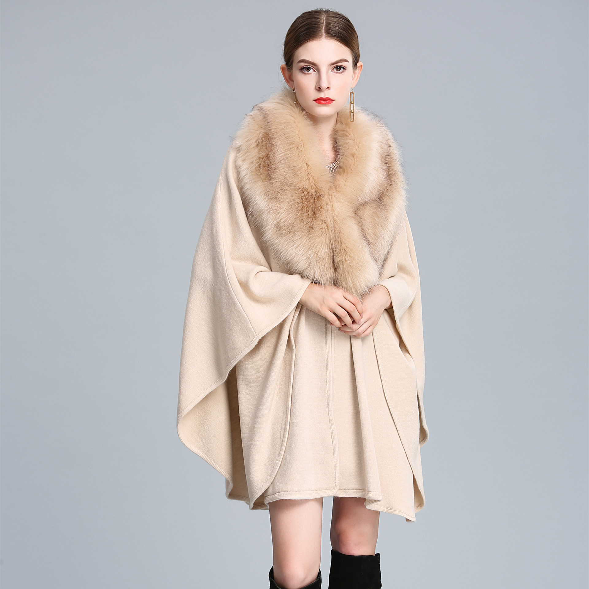 556# Autumn and Winter New Imitation Fox Fur Collar Shawl Cape Mid-Length Big Fur Collar Shawl Oversized Knitted Cardigan